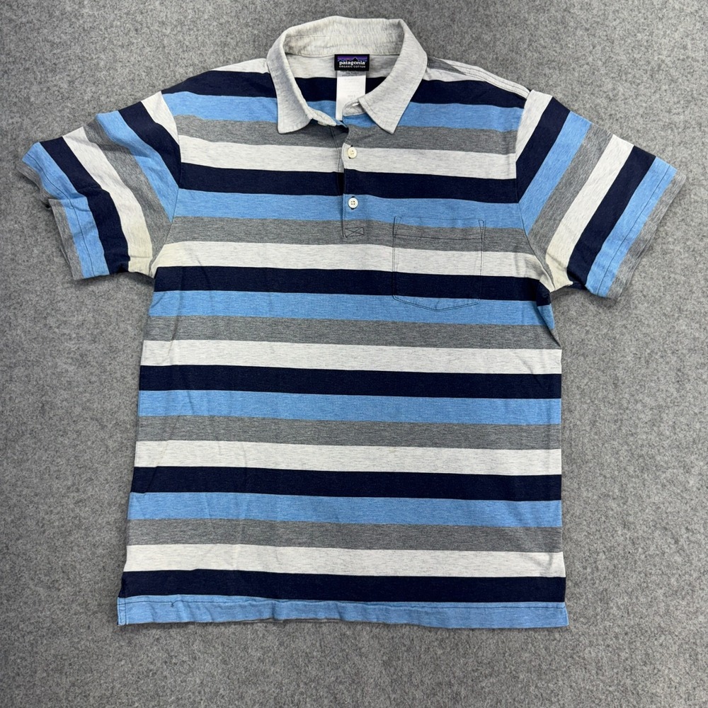Patagonia Men's Organic Cotton Polo Shirt S Stripe Pocket Gray Blue STY52776SP15